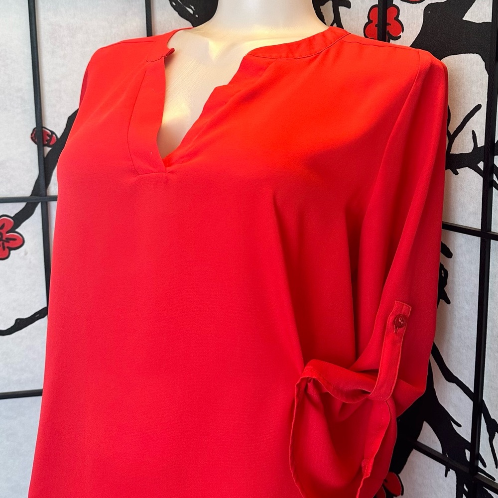 CHAUS Poppy Red V-Neck 3/4 Sleeve Blouse Size M